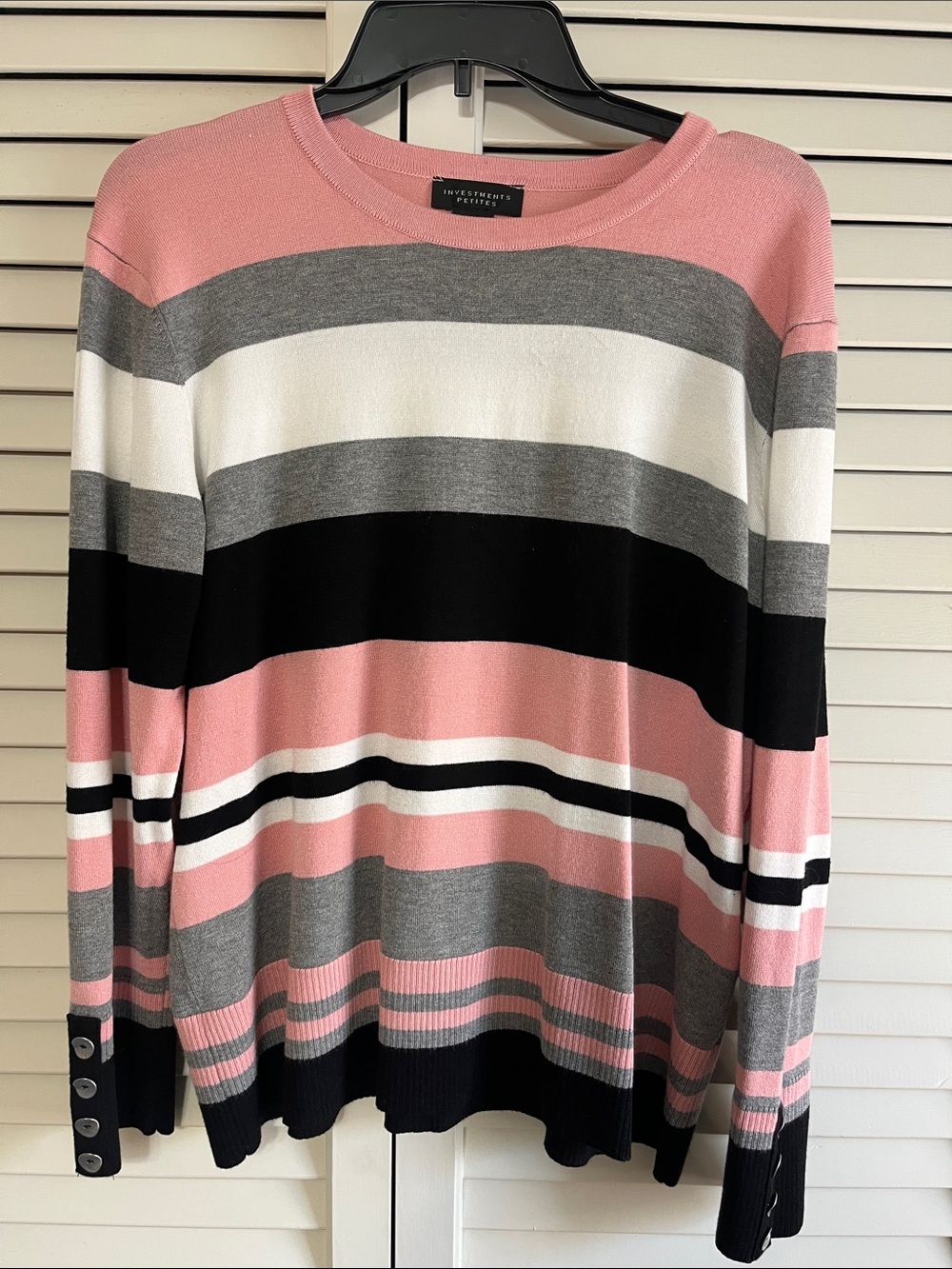 Investments Petite Pink, Gray, White & Black Striped Crewneck Sweater